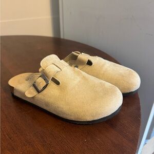 Beige Suede Buckle Slip-On Clogs